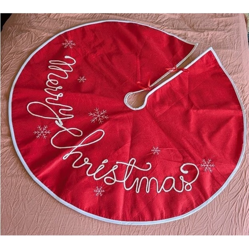 Embroidered Merry Christmas Tree Skirt 48" Snowflake Felt Red Festive Holiday